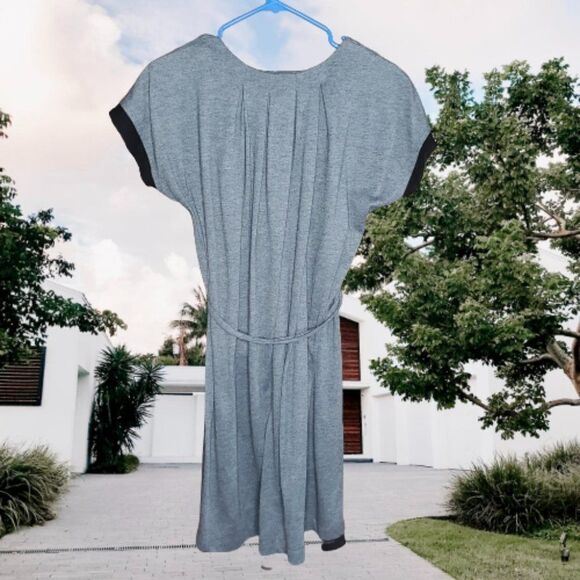 Simply Vera Vera Wang Dark Gray Tie Belt Dress with Pleats and Black Sheer Edges - Picture 3 of 13